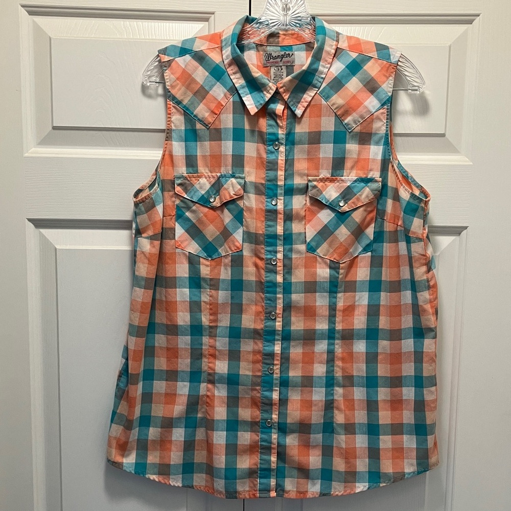 Wrangler [L] Rodeo Orange /Teal Plaid Check Western Yoke Snap Pearl Sleeveless